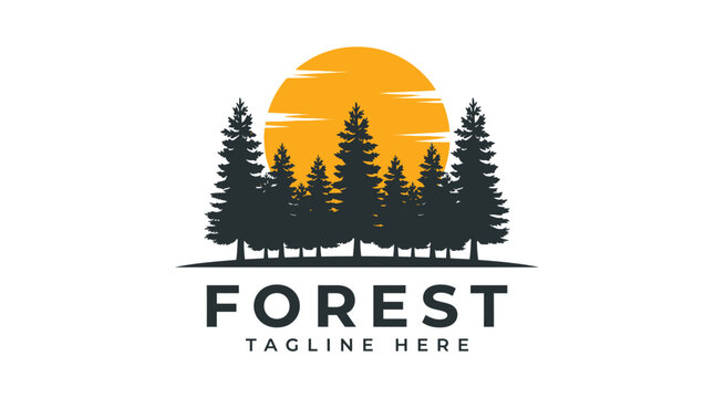 Minimalist forest logo design featuring dark pine trees silhouette against a bright yellow circular sun