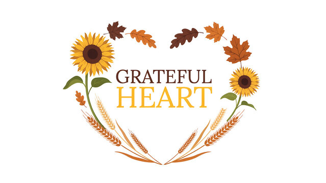 Grateful heart autumn text composition featuring sunflowers and colorful leaves heart shape fallback typography
