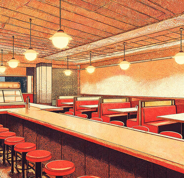Retro diner interior with red booths, counter stools and warm lighting