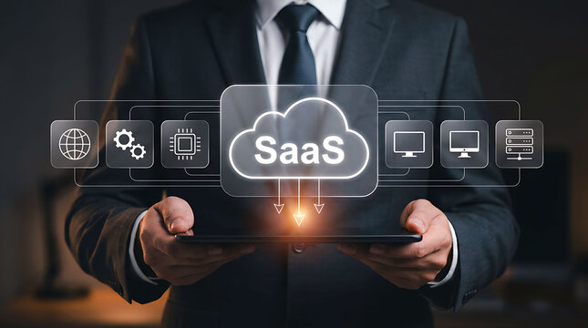 Businessman holding digital tablet with SaaS cloud computing icons and network