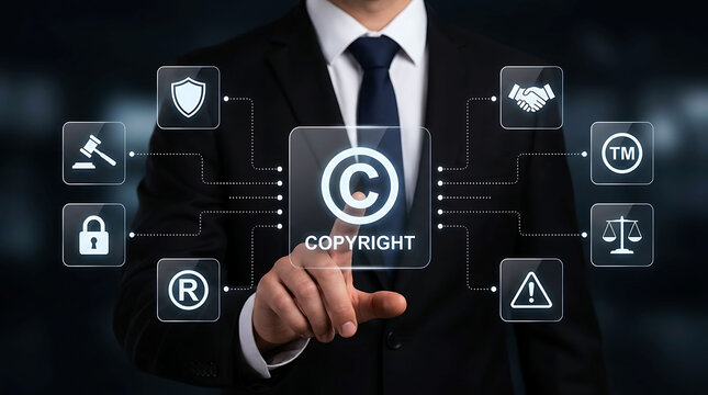 Businessman pressing copyright button on futuristic digital interface screen