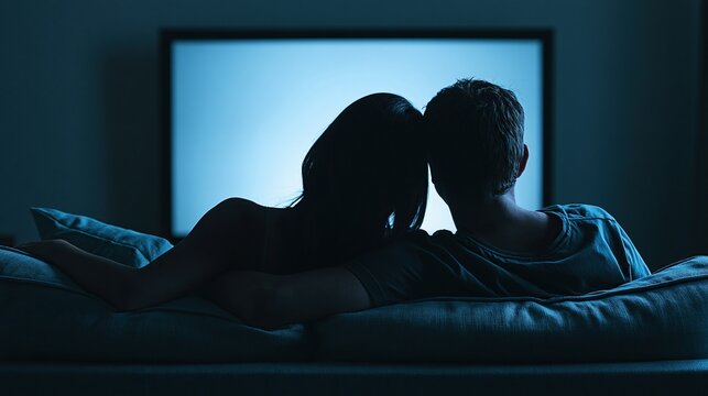 Back view of romantic couple man and woman leaning heads together watching movie on big tv screen while lying on sofa at home in dark night