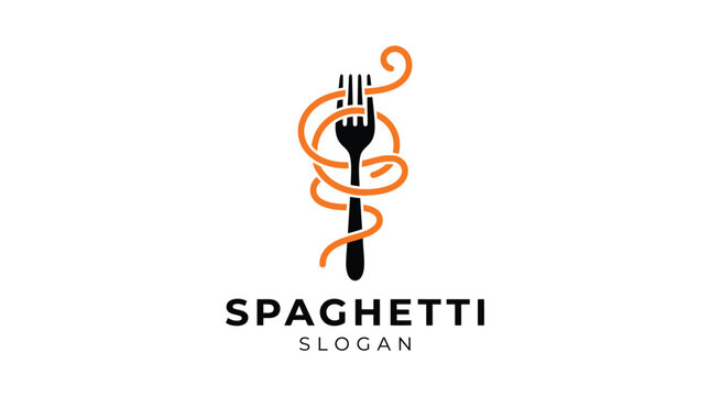 Creative spaghetti pasta logo design featuring a black fork wrapped with elegant orange noodle lines