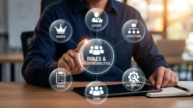 Businessman touching roles and responsibilities hologram concept on digital screen