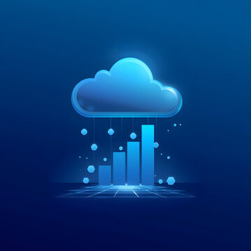 Abstract cloud computing business analytics with rising bar charts and digital data growth.