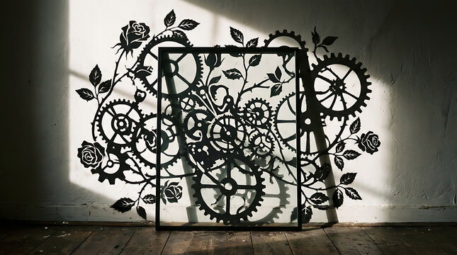 A decorative metal wall art piece featuring intricate clockwork gears and floral rose patterns in a dark silhouette