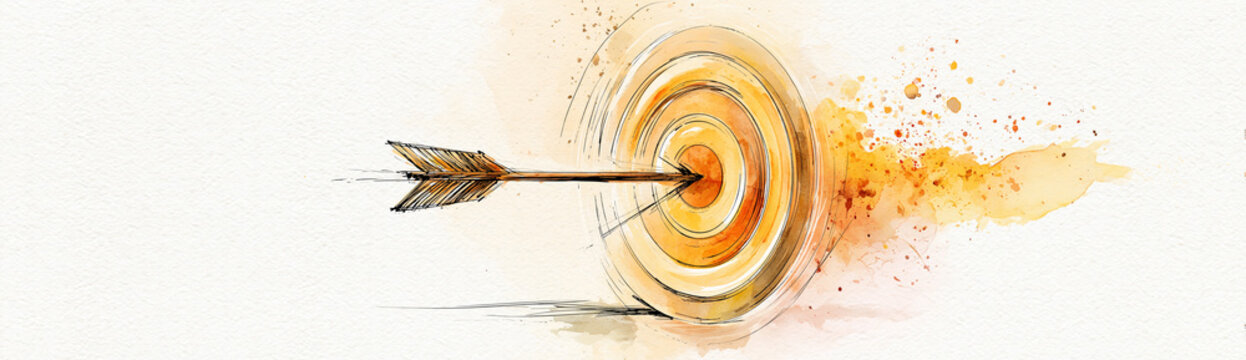 Watercolor illustration of an arrow hitting the bullseye of a target, symbolizing accuracy and success.