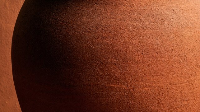 The image shows a close view of a terracotta flowerpot emphasizing the textured surface. The warm backdrop adds depth to the scene.