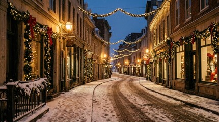 Fototapeta premium Snowy Christmas Street with Festive Lights.