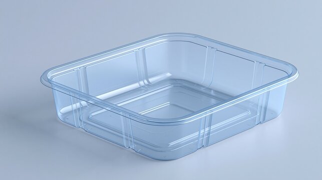 Empty clear rectangular transparent plastic food storage container on plain light gray background disposable takeaway food packaging blank product mockup