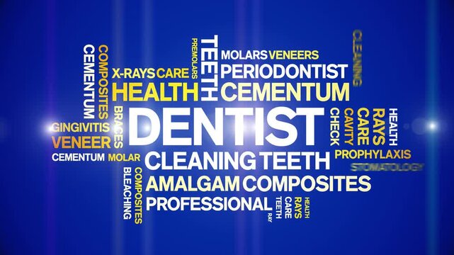 Dentist animated tag word cloud-text design animation kinetic typography seamless loop.