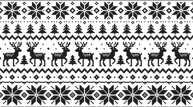 Seamless Christmas pattern with deer and snowflakes in a traditional Nordic pixel art style vector illustration