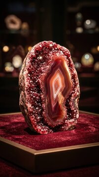 Stunning Agate Geode Mineral Specimen Displayed on Red Velvet Cushion.