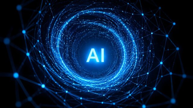 Glowing artificial intelligence text inside digital network vortex tunnel symbolizing deep learning neural connection and cyberspace transformation