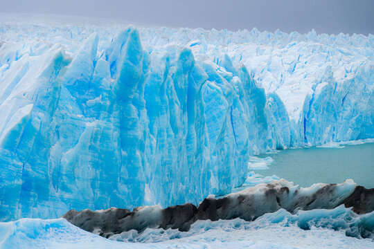 Towering blue seracs on the face of a glacier terminus, Patagonia, Argentina