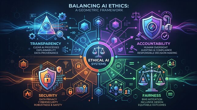Conceptual infographic illustrating ethical machine learning framework with feedback loop systems