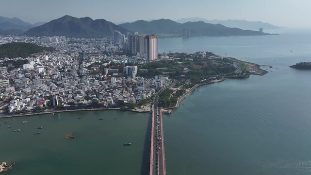 Aerial view of Nha Trang city skyline with beach scenery in Vietnam