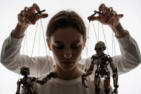 Woman controlling skeleton marionette puppets with strings on white