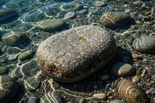 Clear shallow river water covering smooth round pebbles and stones