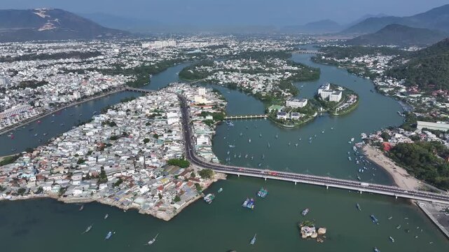 Aerial view of Nha Trang city skyline with beach scenery in Vietnam