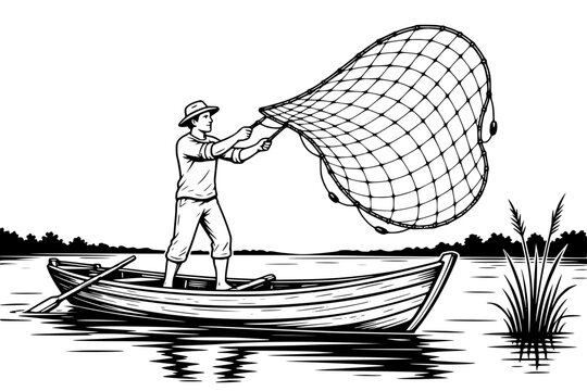 Male Fisherman Casting Fishing Net from Wooden Boat Black and White Vector SVG