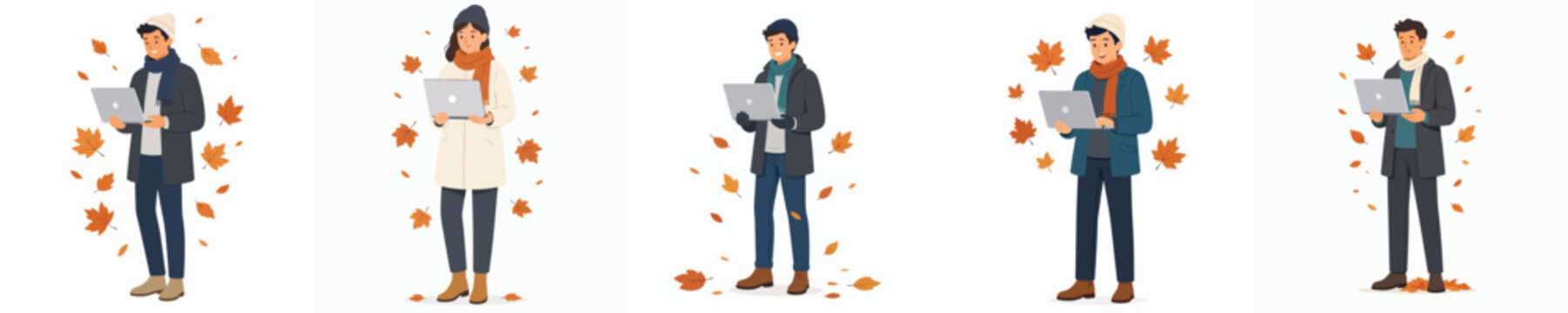 vector of a man standing with a laptop in autumn vibe