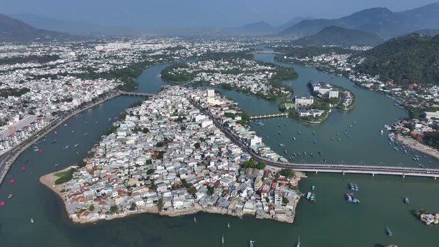 Aerial view of Nha Trang city skyline with beach scenery in Vietnam