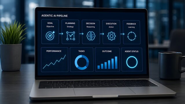 Laptop displaying agentic AI pipeline concept with goal planning decision execution and feedback loop interface, modern digital business workflow automation dashboard