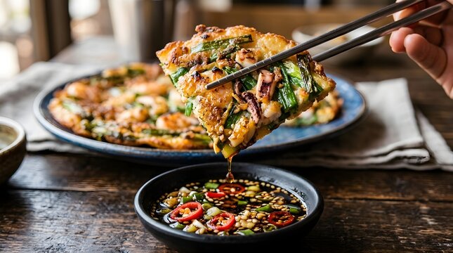 A person using chopsticks to dip a piece of crispy korean scallion pancake into spicy soy sauce