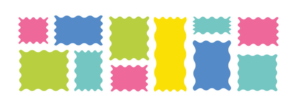 Bright Multicolor Wavy Label Shapes Collection on White Background, Playful Scalloped Frames for Creative Branding and Graphic Design