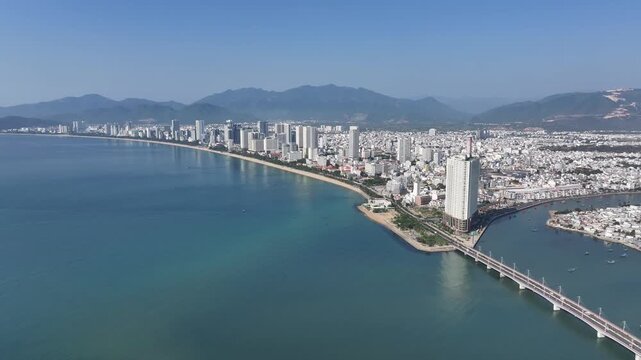 Aerial view of Nha Trang city skyline with beach scenery in Vietnam