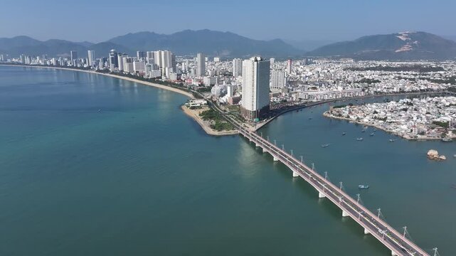 Aerial view of Nha Trang city skyline with beach scenery in Vietnam