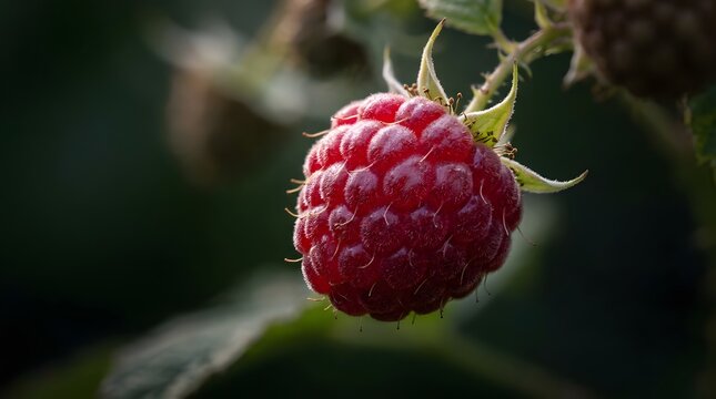 Fresh red raspberry hanging on a vine in the garden