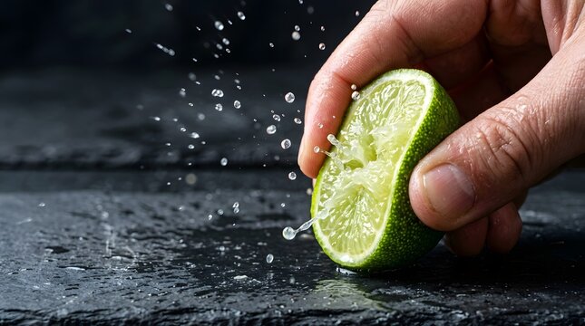 Hand squeezing a fresh lime with water splashes