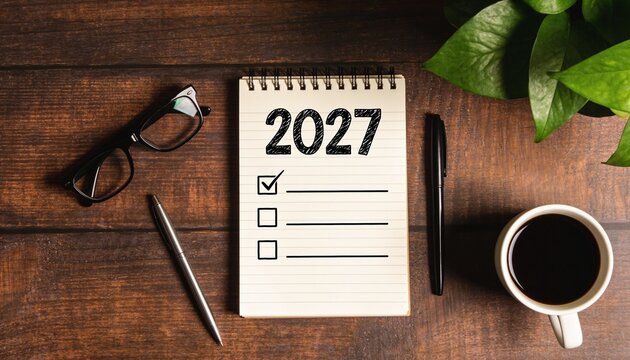 Yearly 2027 objectives list on dark wood table background