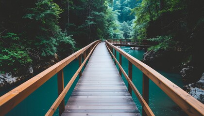 Naklejka premium Wooden bridge over serene river in lush green forest