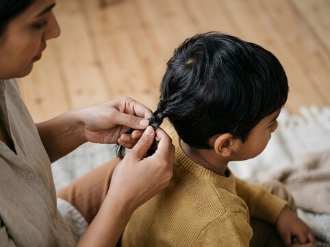 Mother braiding young child dark hair at home