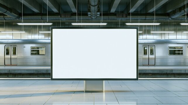 Large blank empty advertising billboard with dark frame standing in underground subway station with silver subway train stopped on background for outdoor advertising mockup