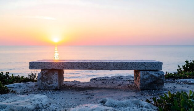 Sunset over ocean with stone bench on rocky shore