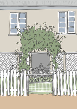Elegant wrought iron garden gate beneath leafy arch in pastel illustration