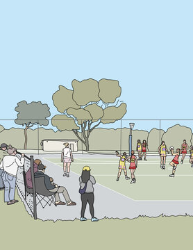 Spectators in winter clothes watching netball game from sidelines