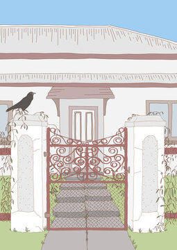 Vintage wrought iron front gate with perched crow in pastel illustration