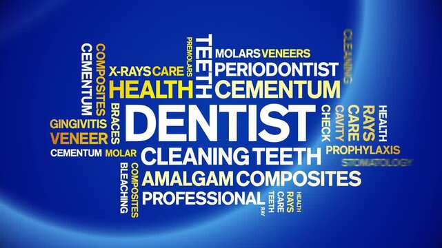 Dentist animated tag word cloud-text design animation kinetic typography seamless loop.