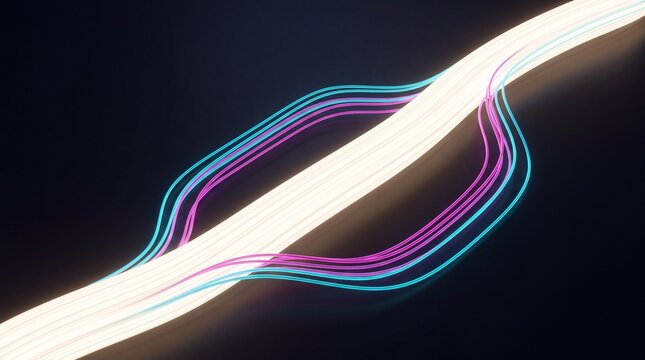 Glowing fiber optic light trails branching and merging on dark background