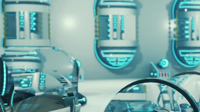 People work with advanced computers and monitors in a high tech lab. The walls have glowing blue lights. The scene shows equipment and screens used for research and development.