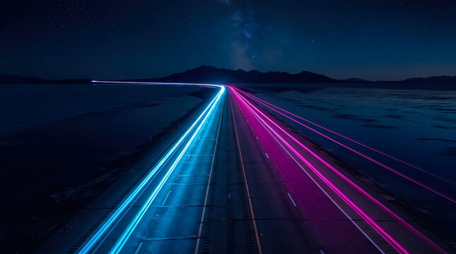 Vibrant blue and magenta light streaks illuminate straight highway over salt flats during night journey.