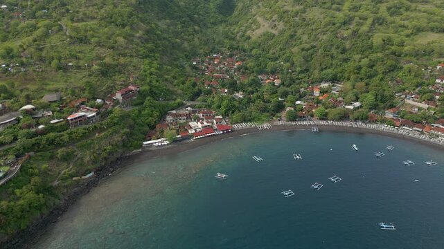 Secluded Holiday Spot Jemeluk Bay Amed Bali Indonesia Drone Descend Track In 4K 60FPS