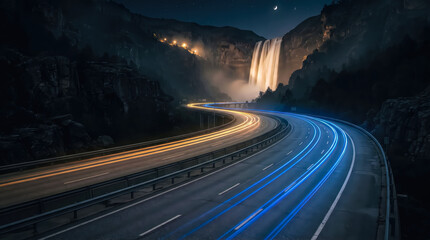 Obraz premium Waterfall cascading down dark rocky mountainside with golden light trails on winding road for serene nature travel background.