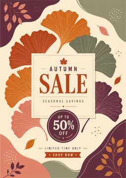 Autumn Sale promotional poster with colorful leaves, acorns and seasonal fifty percent discount offer