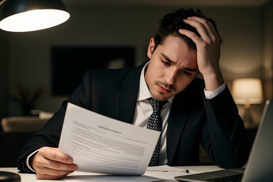Overworked businessman at home office looking at paper document holding hand on his head feeling hopeless trying to find solution for given problem working too hard need break for better concentration